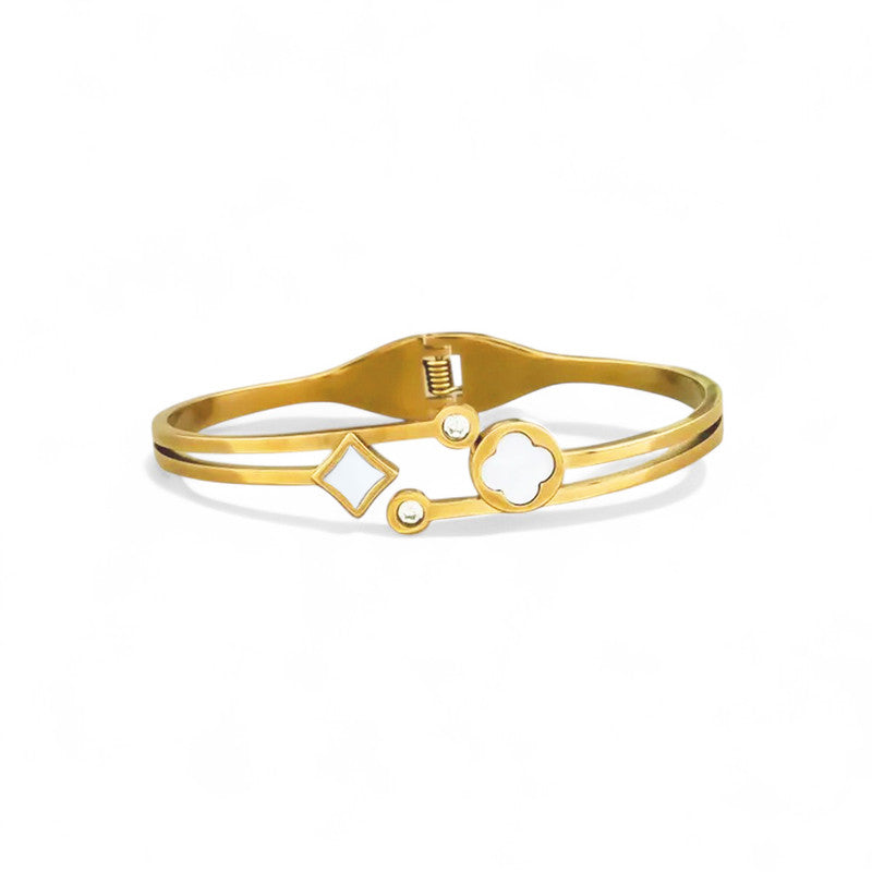 Gold Plated Stainless Steel Clover Themed Anti Tarnish Bangle Style Bracelet