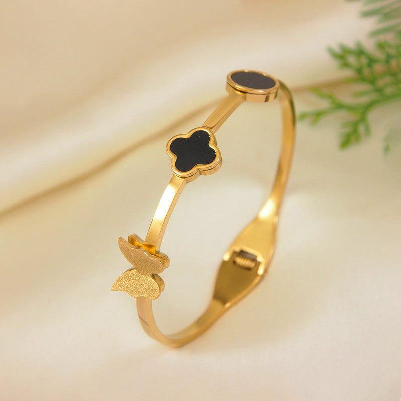 Gold Plated Stainless Steel Clover Themed Anti Tarnish Bangle Style Bracelet