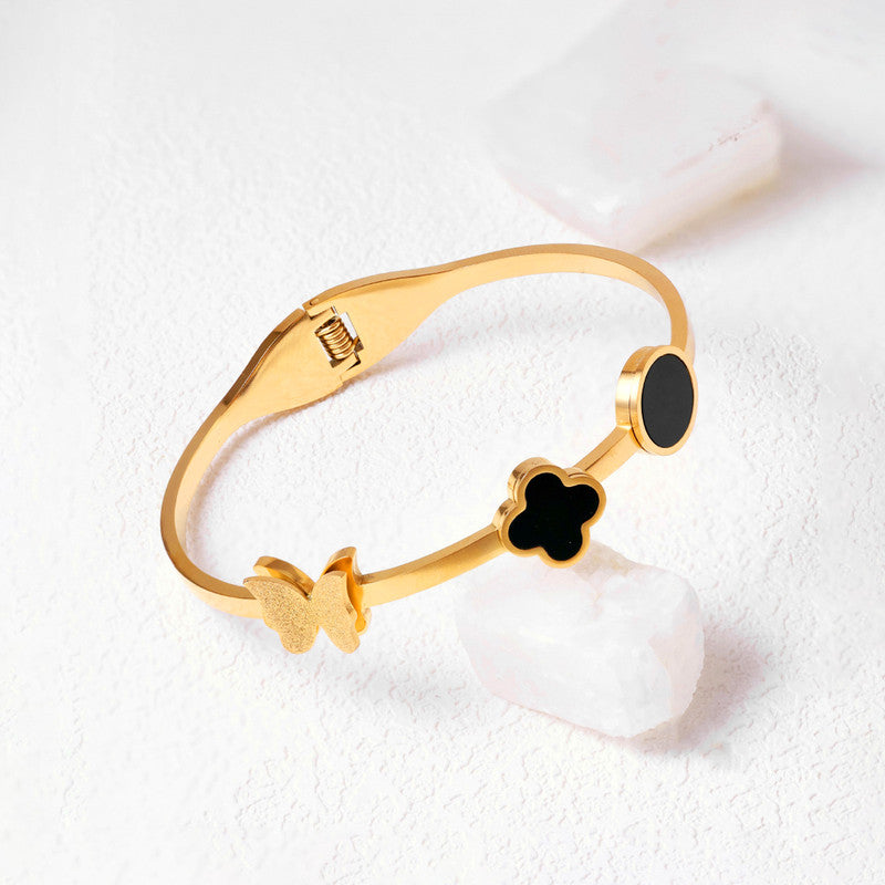 Gold Plated Stainless Steel Clover Themed Anti Tarnish Bangle Style Bracelet