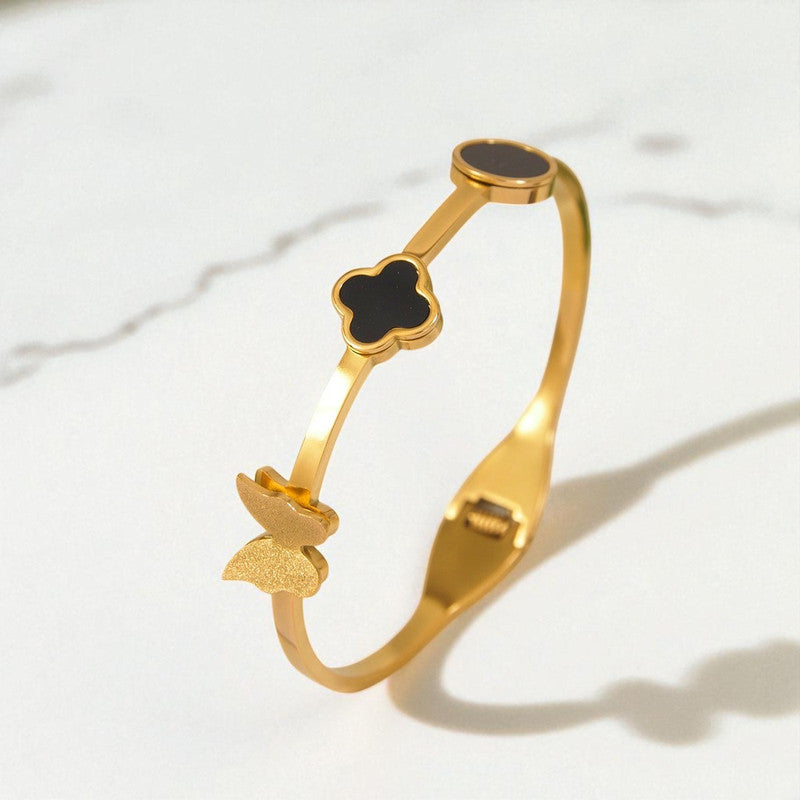 Gold Plated Stainless Steel Clover Themed Anti Tarnish Bangle Style Bracelet