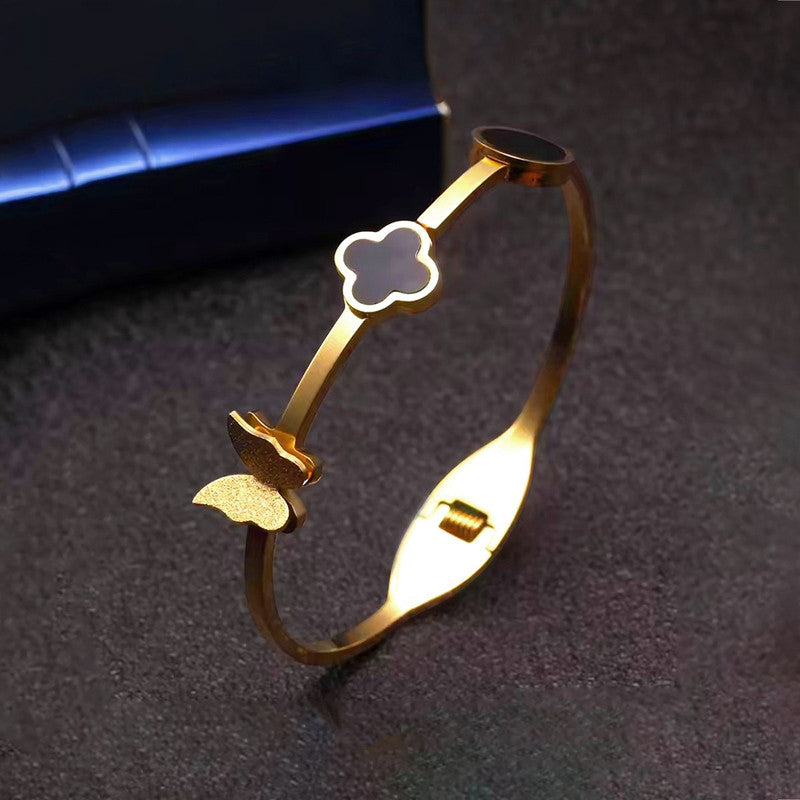 Gold Plated Stainless Steel Clover Themed Anti Tarnish Bangle Style Bracelet