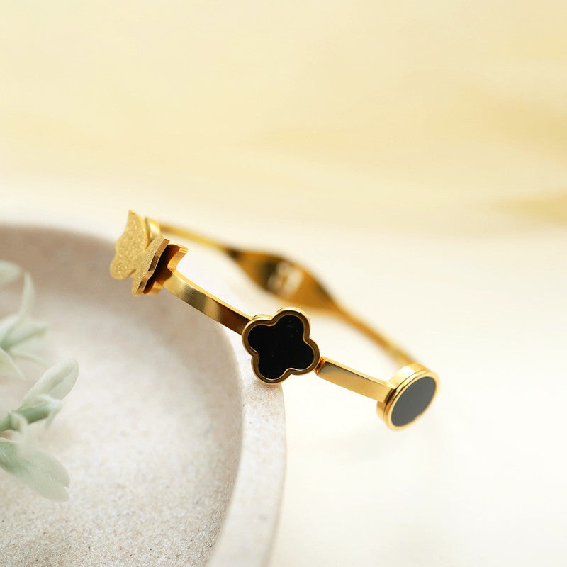 Gold Plated Stainless Steel Clover Themed Anti Tarnish Bangle Style Bracelet