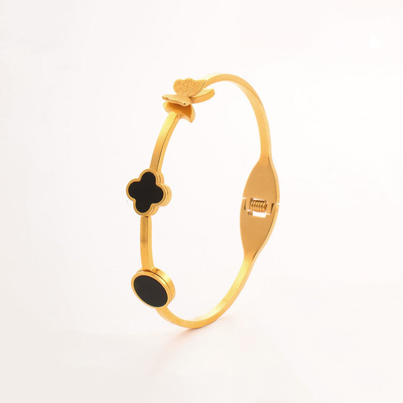 Gold Plated Stainless Steel Clover Themed Anti Tarnish Bangle Style Bracelet