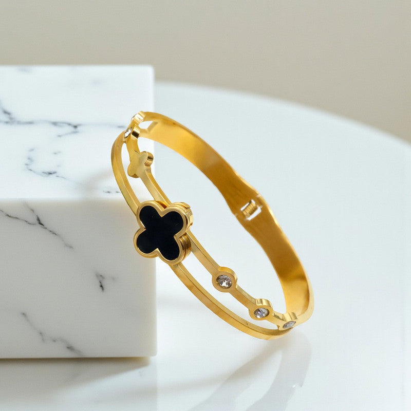 Gold Plated Stainless Steel Clover Themed Anti Tarnish Bangle Style Bracelet