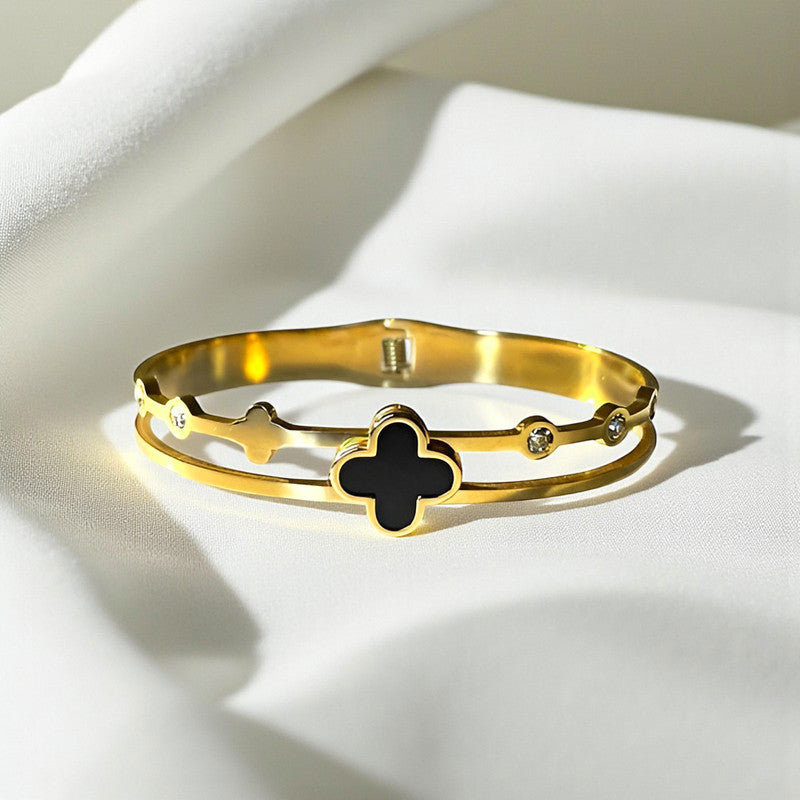 Gold Plated Stainless Steel Clover Themed Anti Tarnish Bangle Style Bracelet