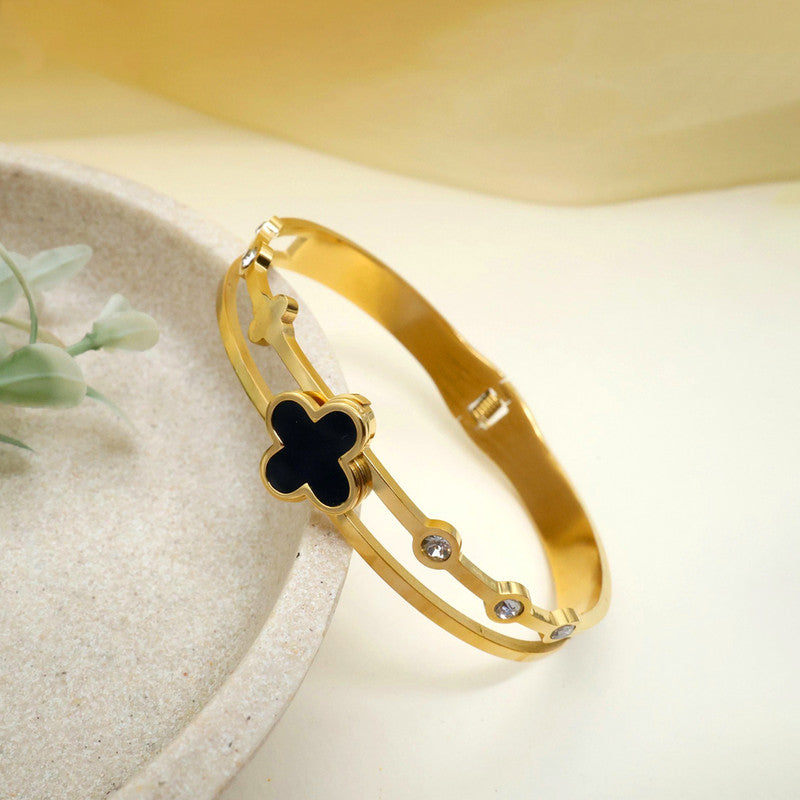 Gold Plated Stainless Steel Clover Themed Anti Tarnish Bangle Style Bracelet