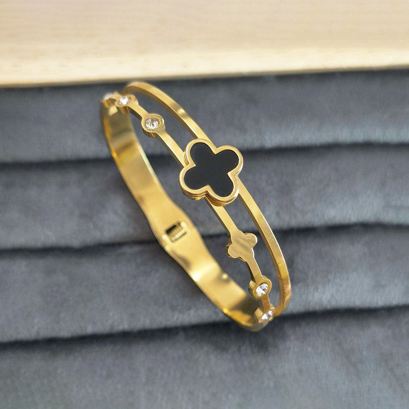 Gold Plated Stainless Steel Clover Themed Anti Tarnish Bangle Style Bracelet