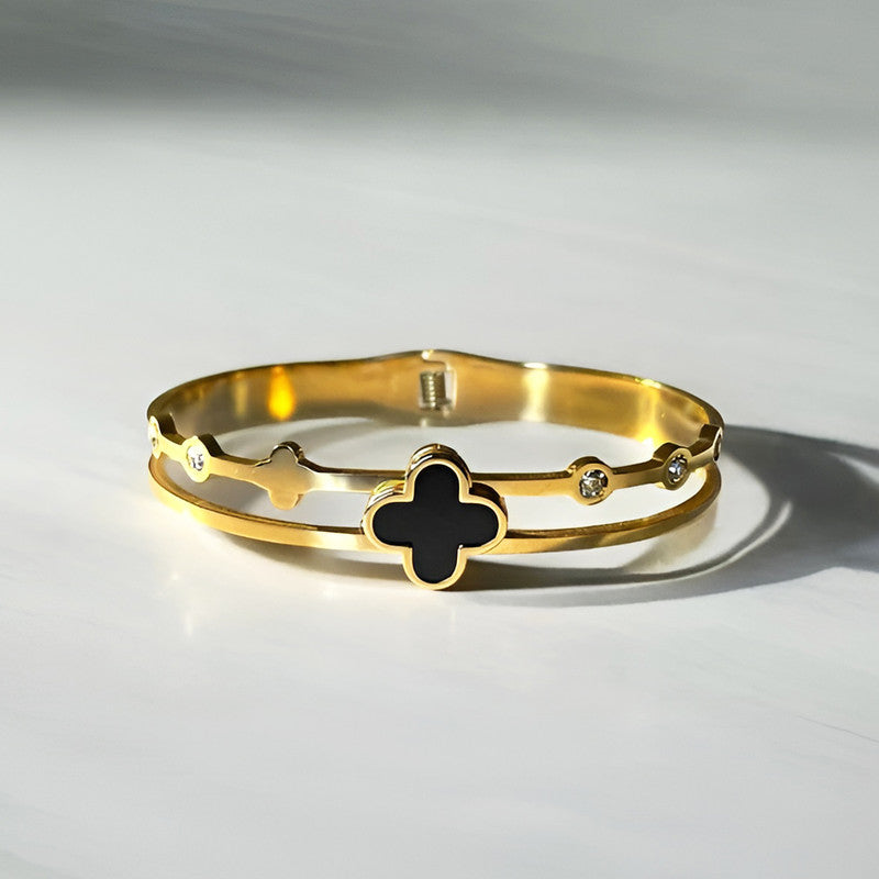 Gold Plated Stainless Steel Clover Themed Anti Tarnish Bangle Style Bracelet