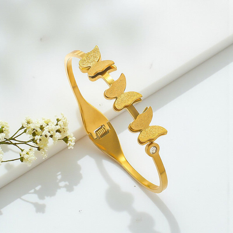 Gold Plated Stainless Steel Butterfly Themed Anti Tarnish Bangle Style Bracelet