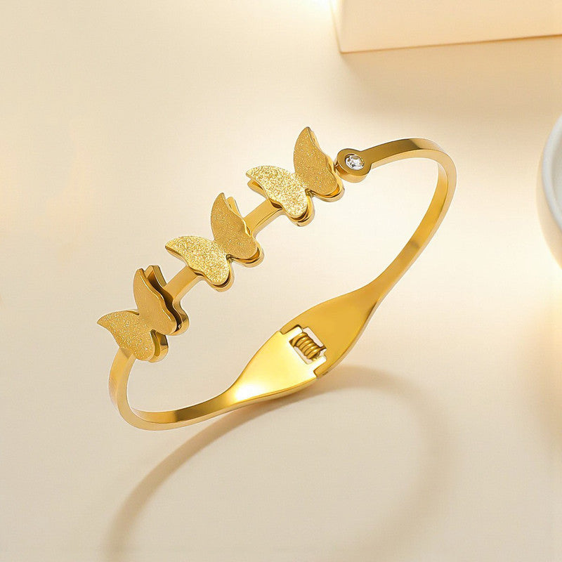 Gold Plated Stainless Steel Butterfly Themed Anti Tarnish Bangle Style Bracelet