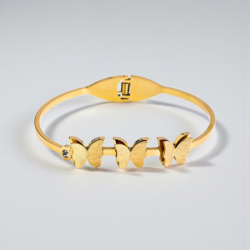 Gold Plated Stainless Steel Butterfly Themed Anti Tarnish Bangle Style Bracelet