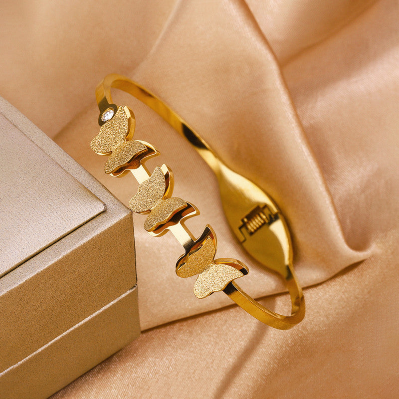 Gold Plated Stainless Steel Butterfly Themed Anti Tarnish Bangle Style Bracelet