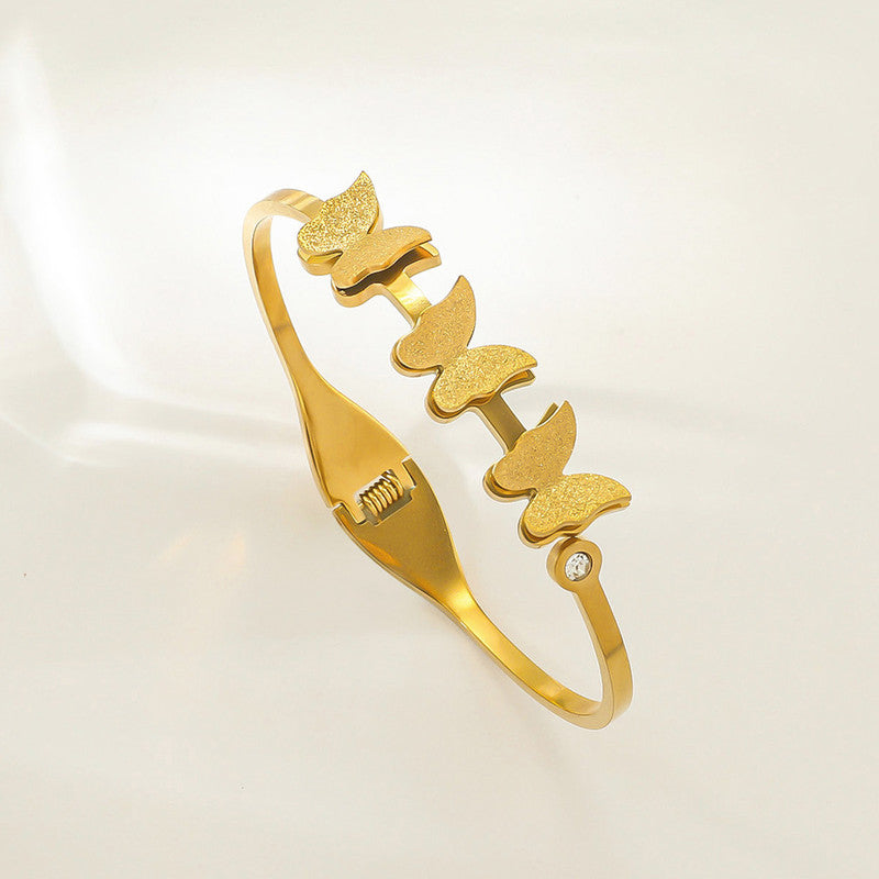 Gold Plated Stainless Steel Butterfly Themed Anti Tarnish Bangle Style Bracelet