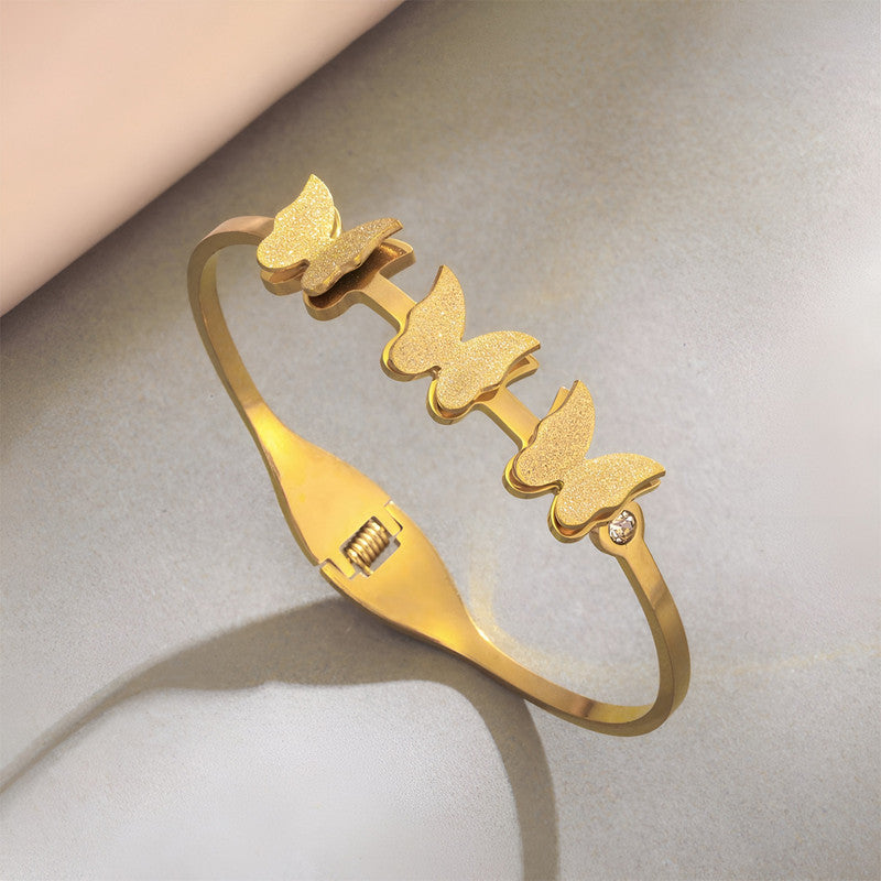 Gold Plated Stainless Steel Butterfly Themed Anti Tarnish Bangle Style Bracelet