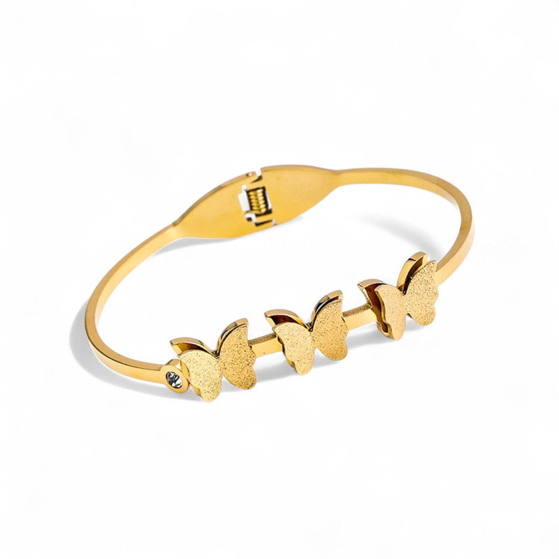 Gold Plated Stainless Steel Butterfly Themed Anti Tarnish Bangle Style Bracelet