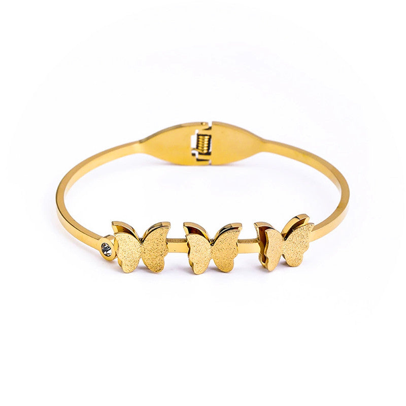 Gold Plated Stainless Steel Butterfly Themed Anti Tarnish Bangle Style Bracelet