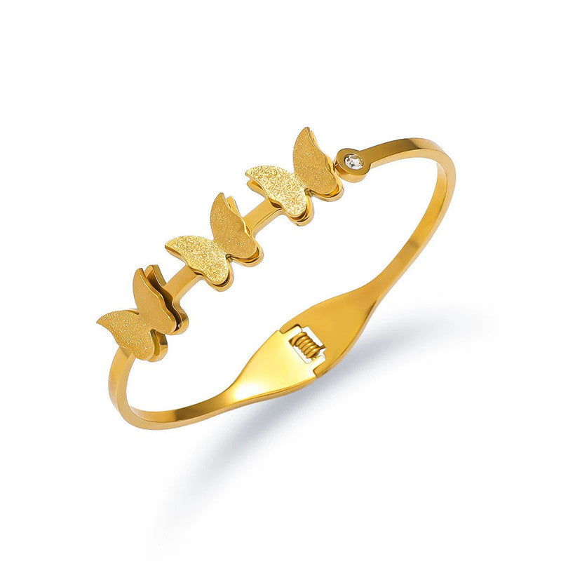 Gold Plated Stainless Steel Butterfly Themed Anti Tarnish Bangle Style Bracelet
