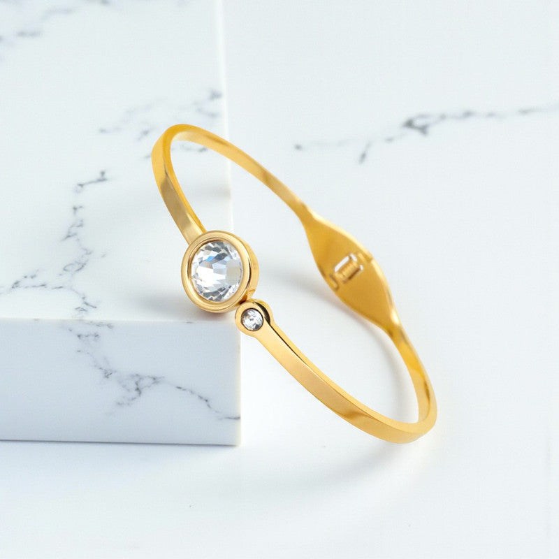 Gold Plated Stainless Steel Stone Embedded Anti Tarnish Bangle Style Bracelet