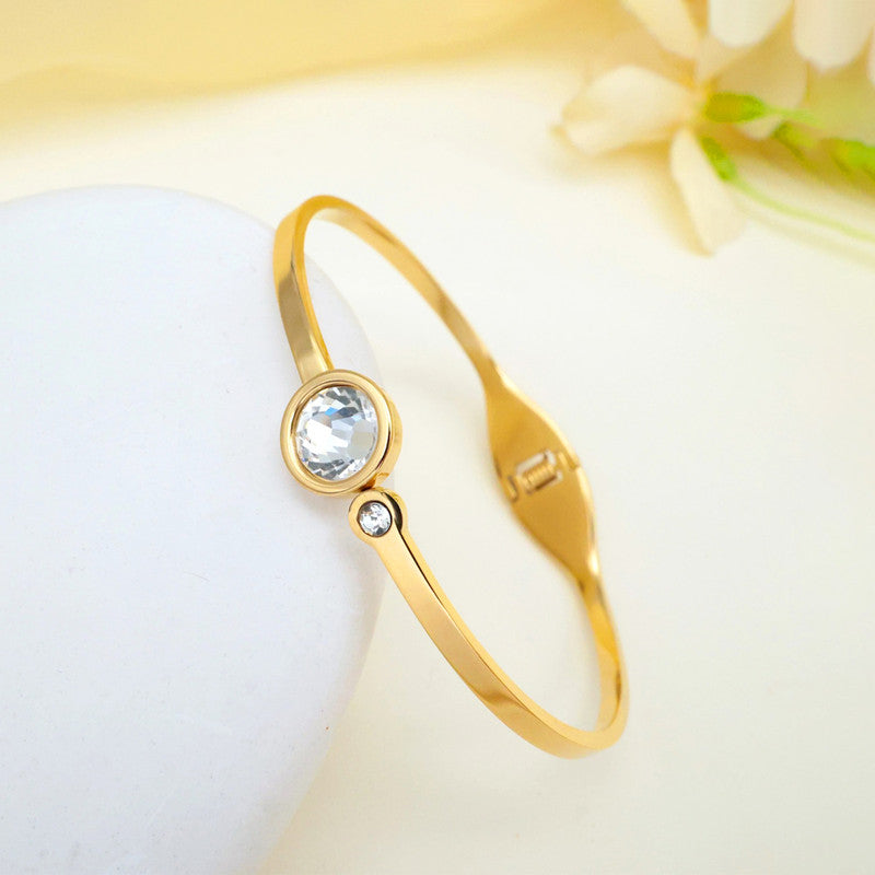 Gold Plated Stainless Steel Stone Embedded Anti Tarnish Bangle Style Bracelet