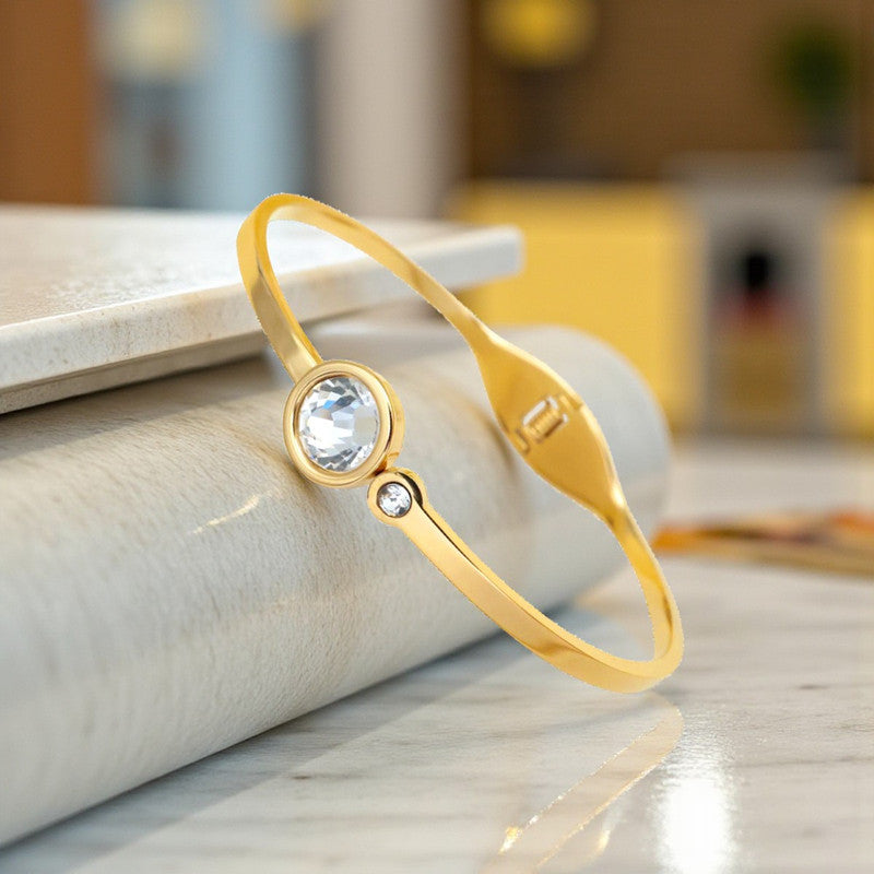 Gold Plated Stainless Steel Stone Embedded Anti Tarnish Bangle Style Bracelet