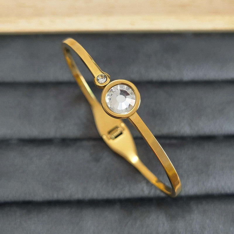 Gold Plated Stainless Steel Stone Embedded Anti Tarnish Bangle Style Bracelet