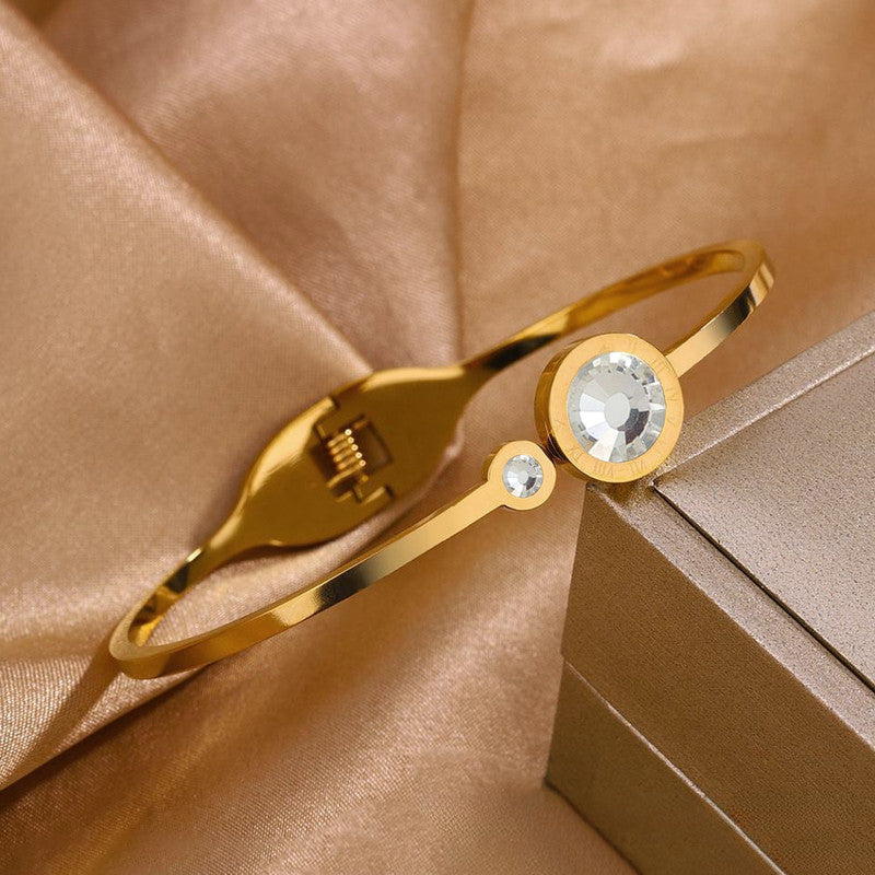 Gold Plated Stainless Steel Stone Embedded Anti Tarnish Bangle Style Bracelet