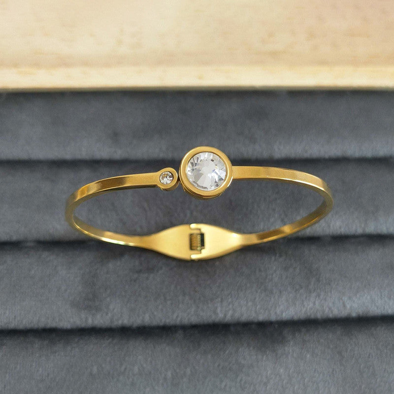 Gold Plated Stainless Steel Stone Embedded Anti Tarnish Bangle Style Bracelet