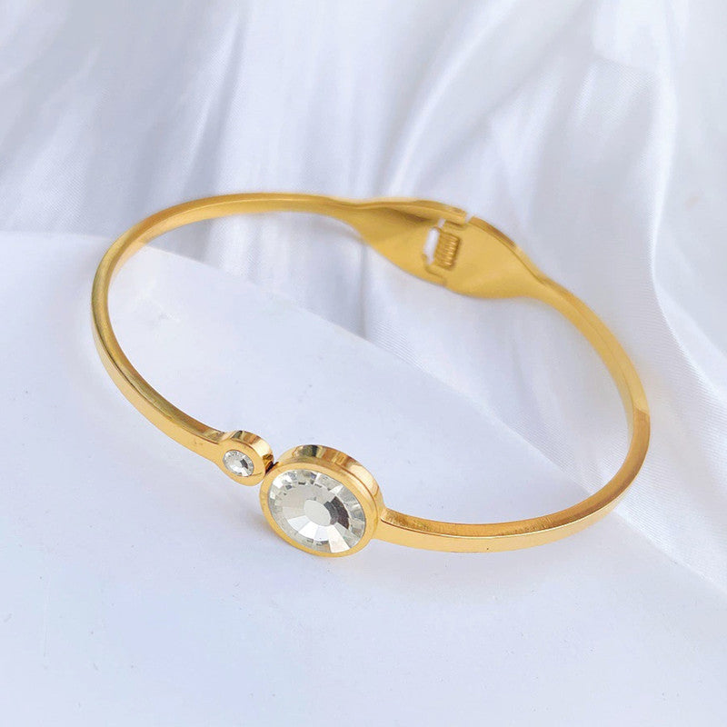 Gold Plated Stainless Steel Stone Embedded Anti Tarnish Bangle Style Bracelet