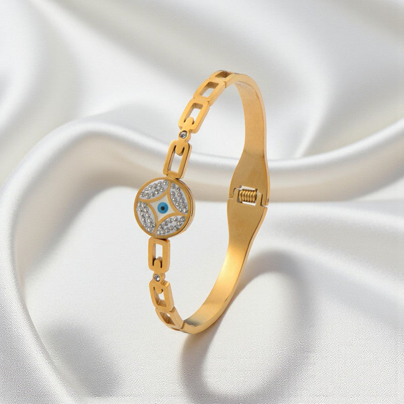 Gold Plated Stainless Steel Evil Eye Themed Anti Tarnish Bangle Style Bracelet