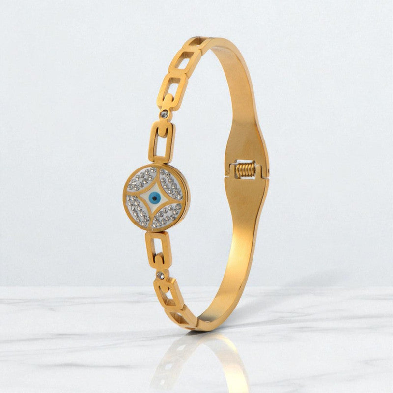 Gold Plated Stainless Steel Evil Eye Themed Anti Tarnish Bangle Style Bracelet