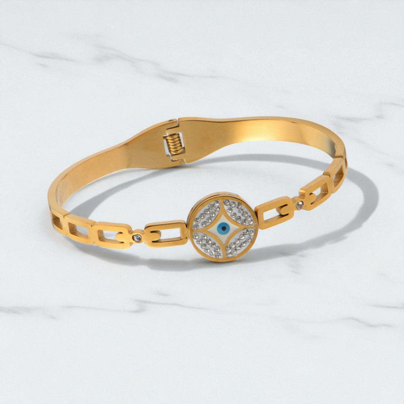 Gold Plated Stainless Steel Evil Eye Themed Anti Tarnish Bangle Style Bracelet