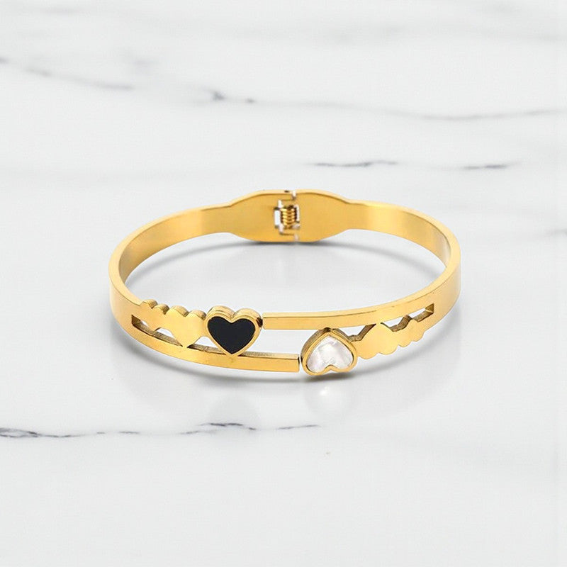 Gold Plated Stainless Steel Heart Themed Anti Tarnish Bangle Style Bracelet