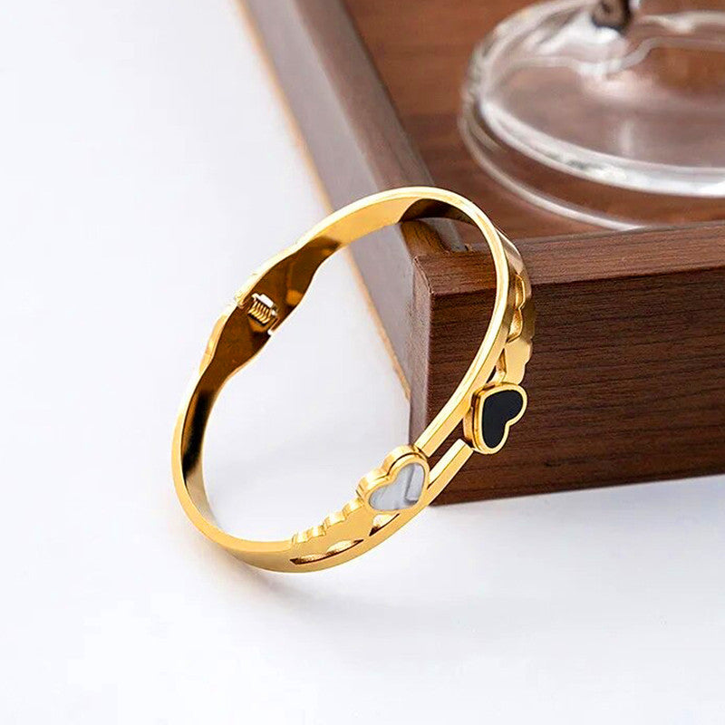 Gold Plated Stainless Steel Heart Themed Anti Tarnish Bangle Style Bracelet