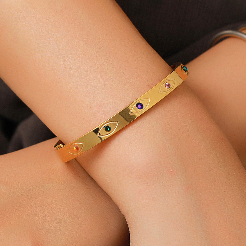 Gold Plated Stainless Steel Evil Eye Themed Anti Tarnish Bangle Style Bracelet