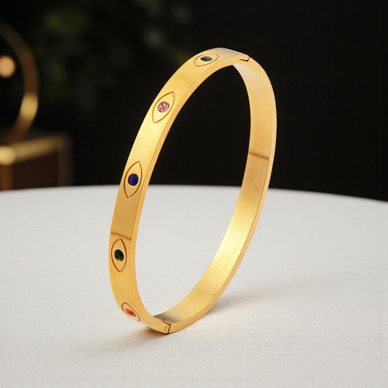 Gold Plated Stainless Steel Evil Eye Themed Anti Tarnish Bangle Style Bracelet