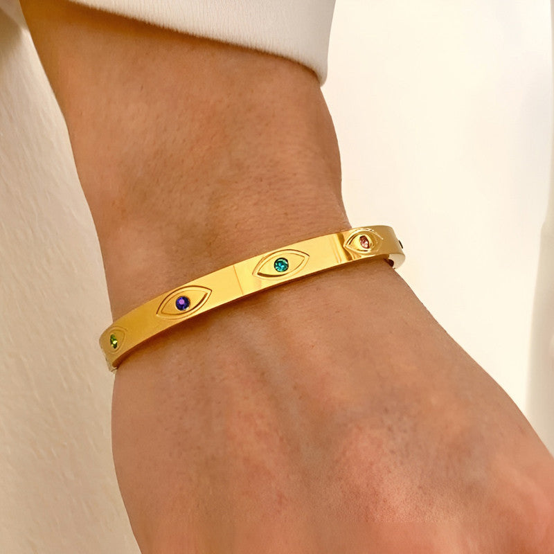 Gold Plated Stainless Steel Evil Eye Themed Anti Tarnish Bangle Style Bracelet