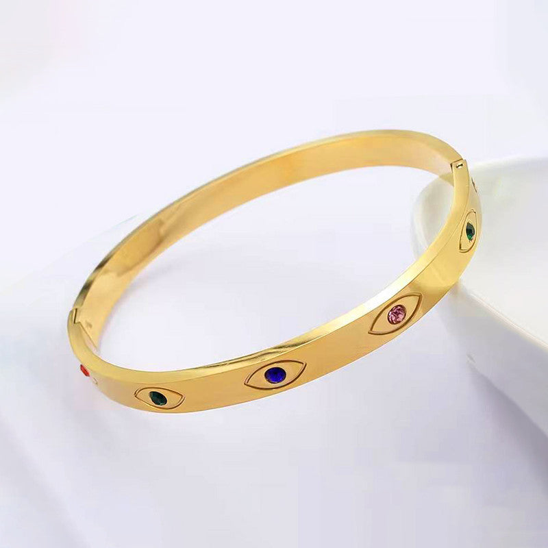 Gold Plated Stainless Steel Evil Eye Themed Anti Tarnish Bangle Style Bracelet