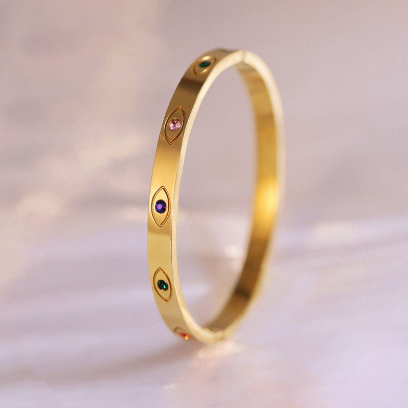 Gold Plated Stainless Steel Evil Eye Themed Anti Tarnish Bangle Style Bracelet
