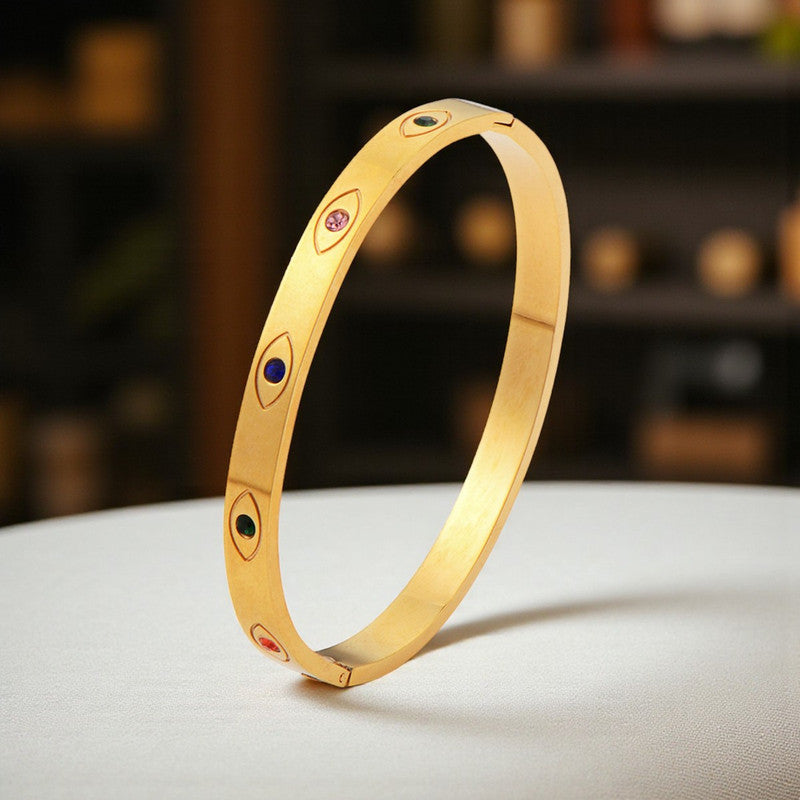 Gold Plated Stainless Steel Evil Eye Themed Anti Tarnish Bangle Style Bracelet