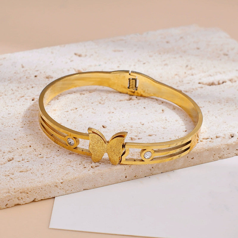 Gold Plated Stainless Steel Butterfly Themed Anti Tarnish Bangle Style Bracelet