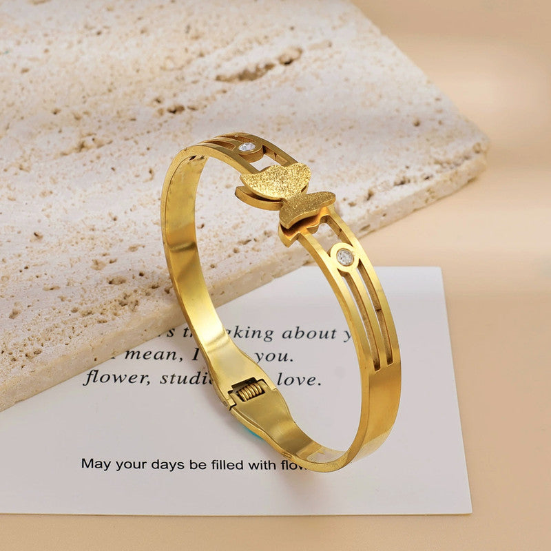 Gold Plated Stainless Steel Butterfly Themed Anti Tarnish Bangle Style Bracelet
