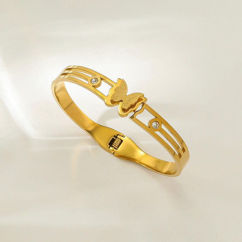 Gold Plated Stainless Steel Butterfly Themed Anti Tarnish Bangle Style Bracelet