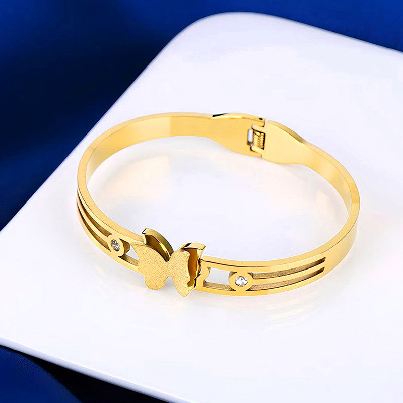 Gold Plated Stainless Steel Butterfly Themed Anti Tarnish Bangle Style Bracelet