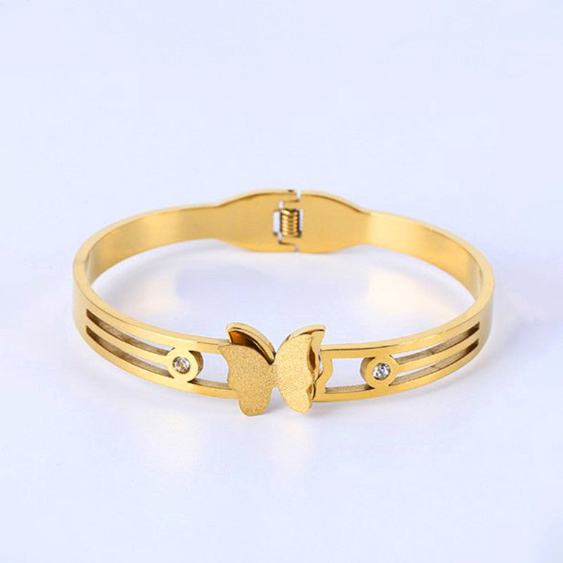 Gold Plated Stainless Steel Butterfly Themed Anti Tarnish Bangle Style Bracelet