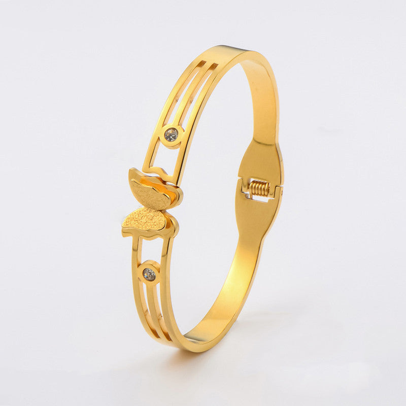 Gold Plated Stainless Steel Butterfly Themed Anti Tarnish Bangle Style Bracelet
