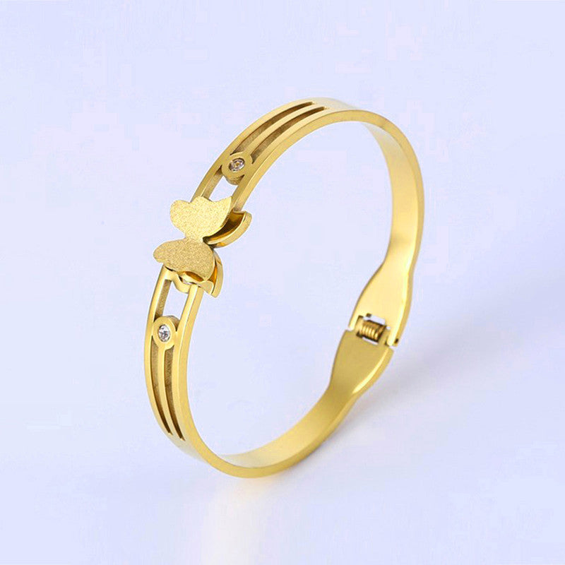 Gold Plated Stainless Steel Butterfly Themed Anti Tarnish Bangle Style Bracelet