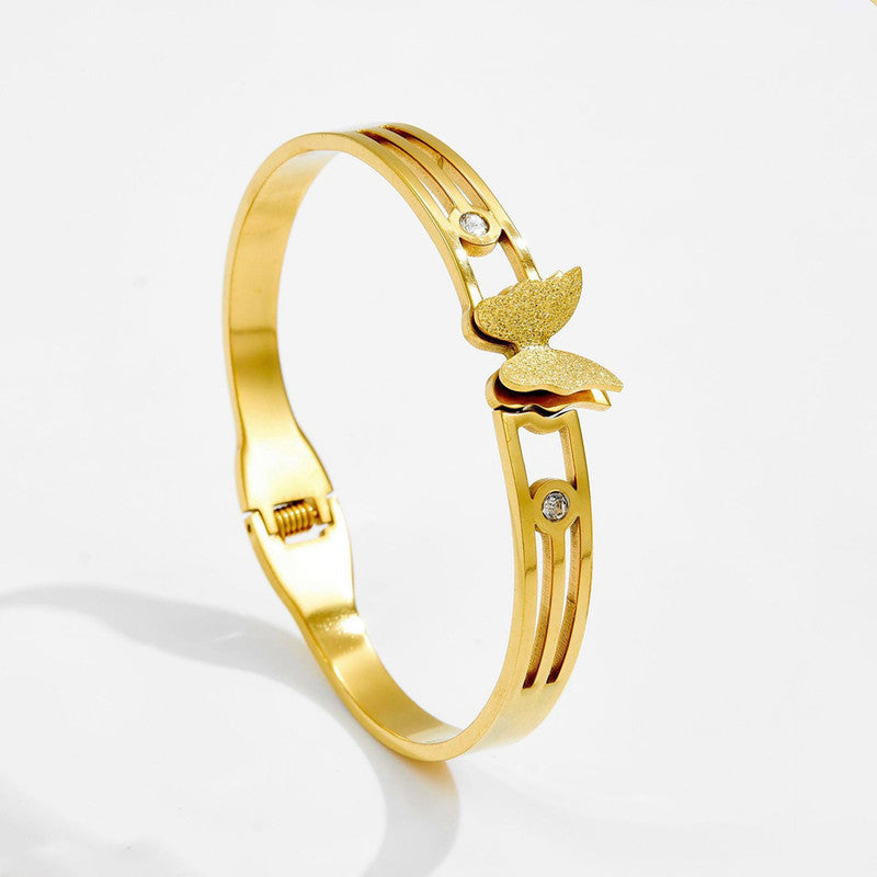 Gold Plated Stainless Steel Butterfly Themed Anti Tarnish Bangle Style Bracelet