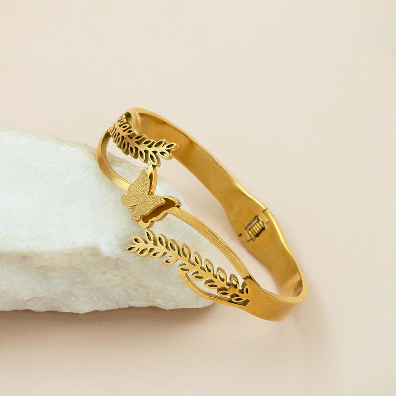 Gold Plated Stainless Steel Butterfly Themed Anti Tarnish Bangle Style Bracelet