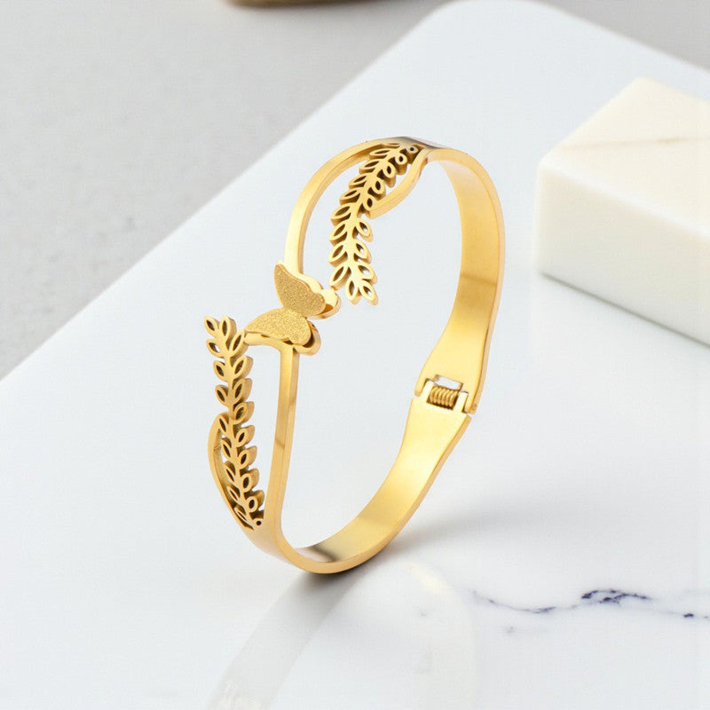 Gold Plated Stainless Steel Butterfly Themed Anti Tarnish Bangle Style Bracelet