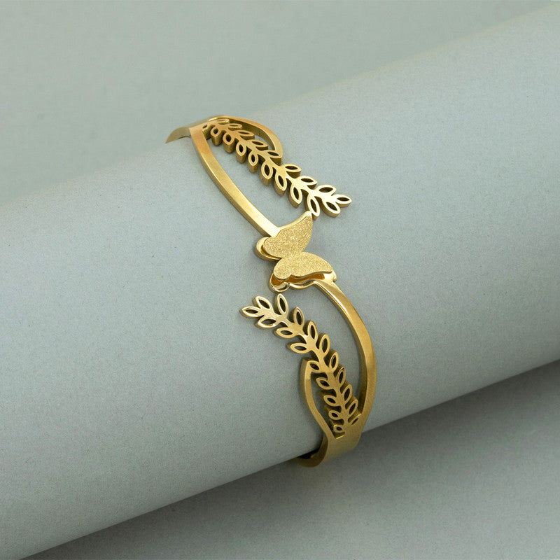 Gold Plated Stainless Steel Butterfly Themed Anti Tarnish Bangle Style Bracelet